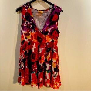 PRIYA Sz M Floral  Colourful Deep V-Neck Tiered Skirt Lined Bodice Dress